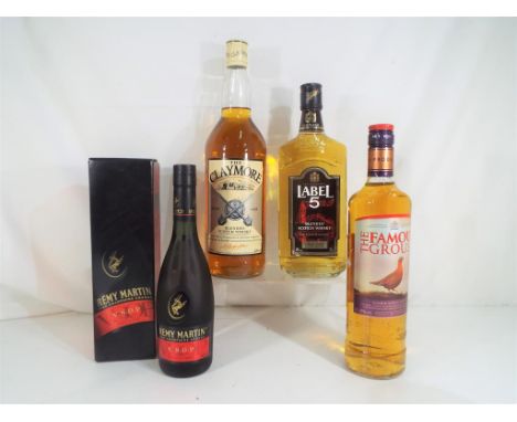 A bottle of Remy Martin Fine Champagne Cognac VSOP 35 cl, 40 % ABV contained in box, a bottle of Label 5 blended Scotch whisk