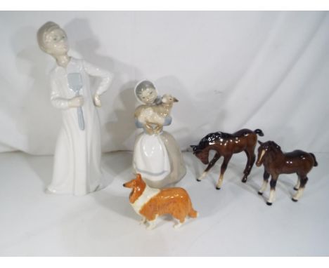 Three Beswick figurines comprising a collie dog and two foals also included in the lot are two Nao figurines largest approx 2