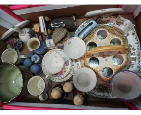 A box of mixed ceramics to include Coalport ceramic wall plaques, Goebel cruets in the form of monks, Royal Albert trio in th