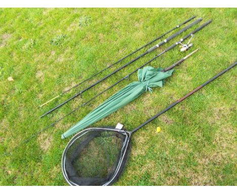 Angling - Lot to include a Fladen Power Stick with Leeda reel, an NGT Beach Caster Max, fishing umbrella and net