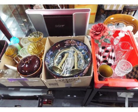 Three boxes containing a large quantity of decorative glass vases, chess set, a Tiffany style ceiling light, oil lamps and si