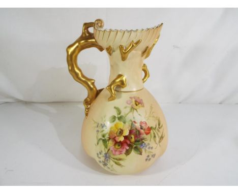 Royal Worcester - A large Royal Worcester blush ivory jug with floral decoration and gilded detailing, stamped to the base, a