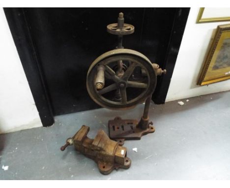 A vintage hand cranked pillar drill and bench vice (2)