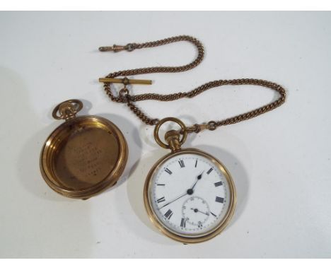 A gold plated pocket watch with white enamel dial, subsidiary seconds, case inscribed HB USA, serial No. 3265010, with plated