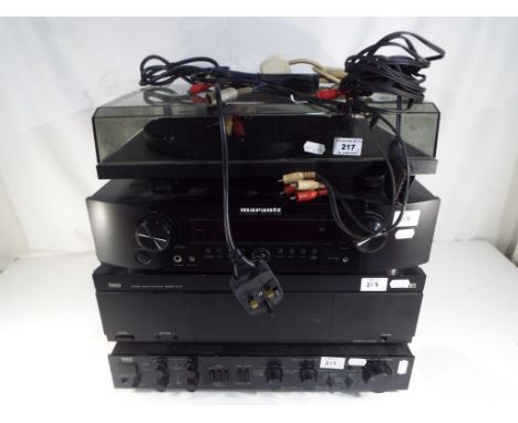 A quantity of stereo equipment to include a trio stereo control amplifier, Marantz AV surround receiver, a Pro-ject turntable