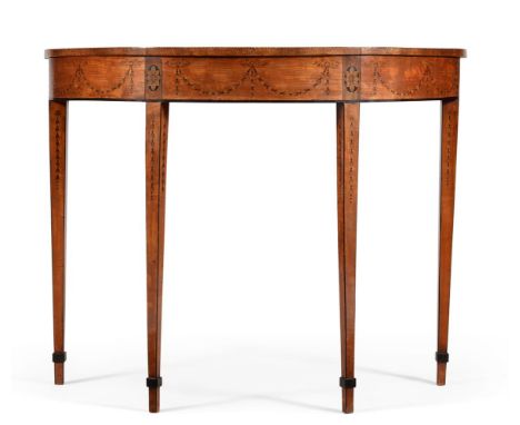 Y A GEORGE III SATINWOOD, MAHOGANY AND MARQUETRY DEMI-LUNE CONSOLE OR SIDE TABLE IN THE MANNER OF THOMAS SHERATON, CIRCA 1790