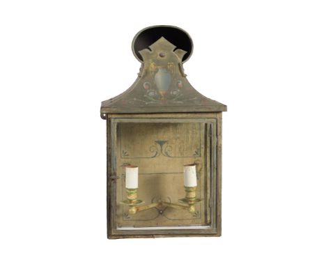 A REGENCY POLYCHROME PAINTED HALL LANTERN CIRCA 1820Of toleware type67cm high, 38cm wide, 28cm deep 