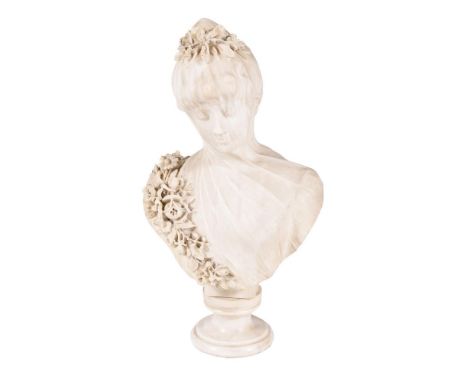 AN ITALIAN CARVED WHITE MARBLE BUST OF A VEILED BRIDE19TH CENTURYDepicted with floral sash, turned socle64cm highCondition Re