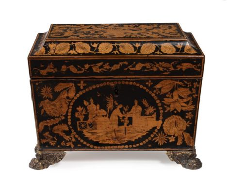 A REGENCY PENWORK TEA CADDY CIRCA 1820 The hinged cavetto moulded top opening to two removable lidded compartments 18cm high,