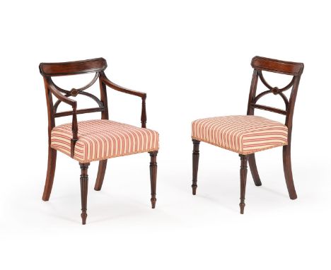 A SET OF EIGHT MAHOGANY DINING CHAIRSIN THE MANNER OF GILLOWS, CIRCA 1820 AND LATEREach with a bar back above X-shaped spat, 