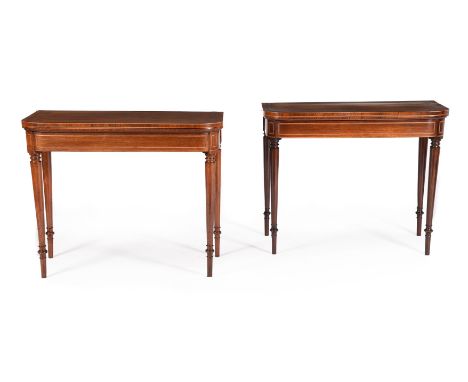 Y A PAIR OF REGENCY ROSEWOOD AND PARTRIDGEWOOD CROSSBANDED FOLDING CARD TABLESCIRCA 1815Each opening to a red baize inset pla