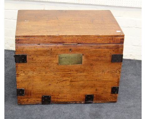 A late 19th century elm and walnut cutlery trunk of oblong shape, having a brass plaque inscribed Mrs Nicholls 1841