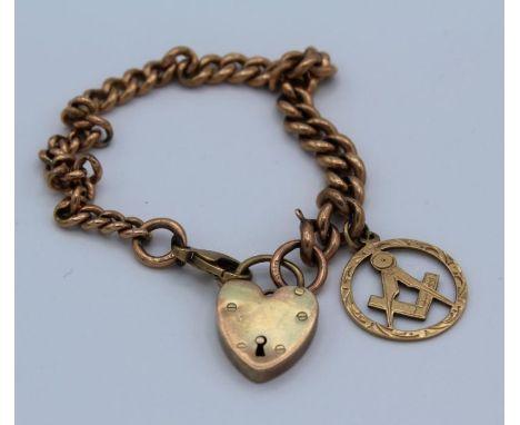 A 375 stamped rose metal chain bracelet with heart padlock, each chain stamped 375