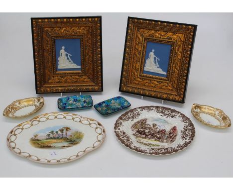 A pair of Longwy pin dishes, a quatrefoil plate painted with a landscape and other wares including a pair of framed blue dip 