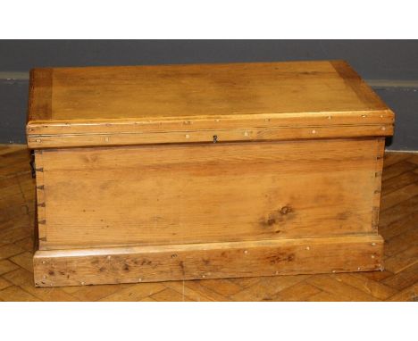 A pine oblong trunk with iron handles and plinth base, w91cm