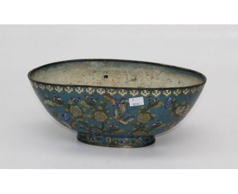 A late 19th century Chinese cloisonn&eacute; jardini&egrave;re of oval form, polychrome enamel decorated with peonies and ins