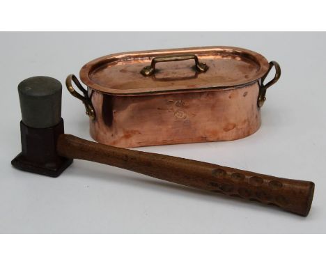 Leon Jaeggi and Sons, an Edwardian copper fish kettle of small size, 32cm, together with an iron and rubber headed forming ha