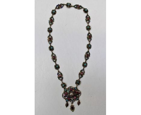 An early 20th century Continental turquoise, multicoloured paste set and enamel pendant necklace, with box snap clasp and ope