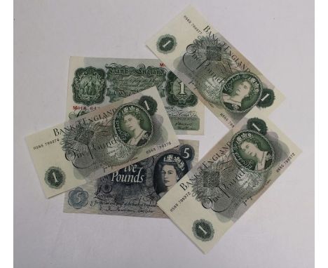Five Pound Note February 1963 Series C portrait issue EF quality One Pound Note November 1955 LK O' Brien Four Pound Notes JB