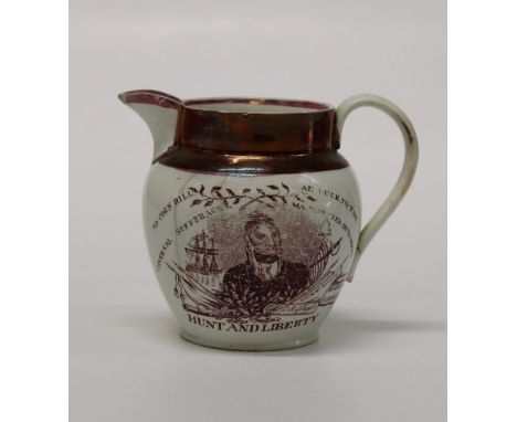 A small Sunderland Lustre jug, circa 1819.The Peterloo Massacre. Decorated with a portrait of Henry Hunt, titled ' Hunt and L