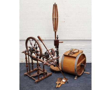 A walnut and beech spinning wheel w68cm, a butter churn w40cm approx , a walnut winding frame and the craft tools, h121cm