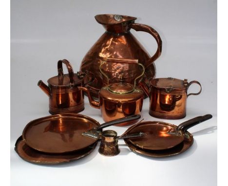 A quantity of copper wares comprising a gallon measure, a copper kettle, two matching cans, three saucepan covers, a kitchen 