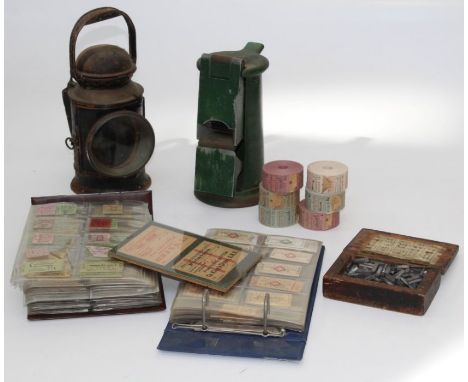 A railway handlamp with red and green glass lenses ( no name badge) complete with paraffin burner. Also included is a ticket 