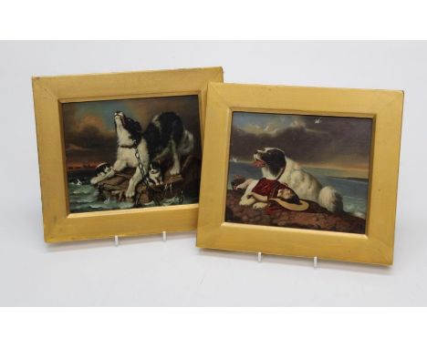 20th century Continental School, a working dog and puppies clinging to a floating kennel. Oil on metal panel, 16 x 19cm. Toge