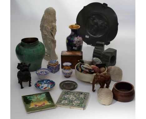 Two boxes of decorative and furnishing items, including three cased scent bottles, cloisonn&eacute; vase, brass candlesticks,