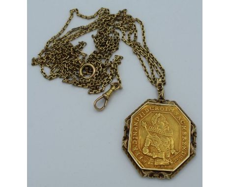 Austrian Gold 10 Ducats Medal Ferdinand K Hall, octagonal shape plus gold chain