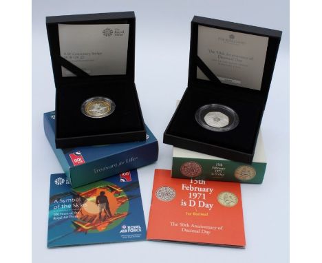 The 50th Anniversary of Decimal Day. 2021 50p silver proof Piedfort coin, 2018 RAF Centenary Badge &pound;2 silver proof Pied