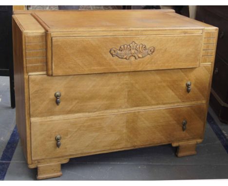 Original 1930's Art Deco oak three drawer chest with carving to top drawer original pineapple shape drop metal handles on bra