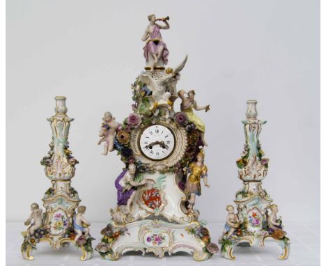 Mid 19th c Meissen china mantle clock Roccoco style with foliage and classical figure relief with separate china base and pai