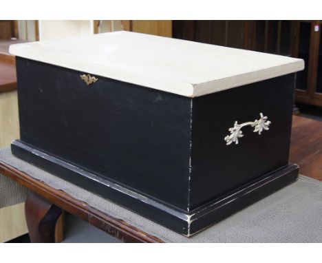 Early 20th C painted wood storage trunk/side table black livery ream top upcycled by JD Designs 26W x 13"H x 17"D"