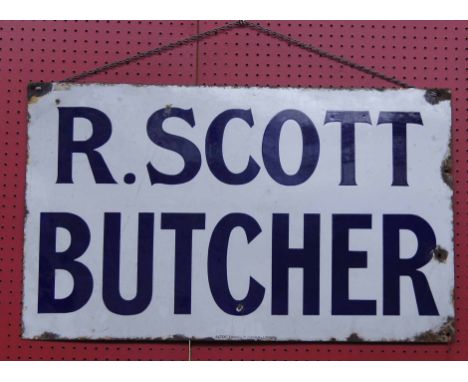 Original 20th c vintage metal and enamel advertising sign 'R Scott Butcher' patent Enamel Co. Ltd Bham & London 30ins w x 18i
