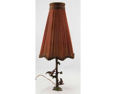 19th c cold cast bronzed painted table lamp base in the form of a tree with pheasants with original silk shade 22ins H