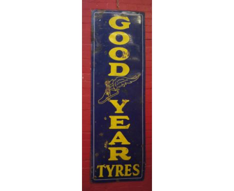 Original 20th c vintage metal and enamel advertising sign 'Goodyear Tyres' marked Franco Signs London 72ins H x 24ins W