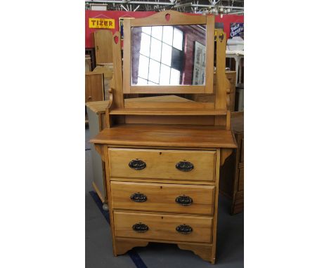 19th c Victorian satinwood Art Nouveau design gents dressing chest with upstand mirror wotnot shelf three drawers below with 