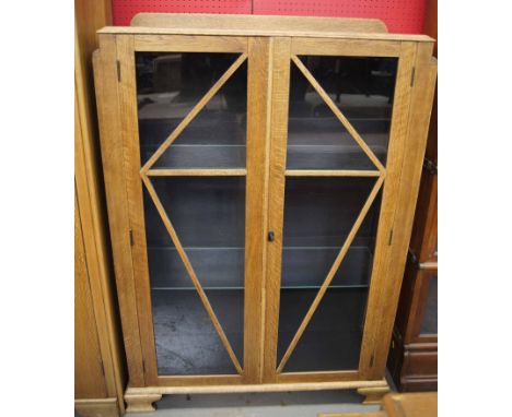 Original 1930's Art Deco honeyoak display cabinet with integral glass shelves glazed doors on bracket feet upcycled by JD Des