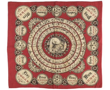 * Handkerchief Game. A table game, circa 1840, printed in red and black on cream cotton, with three concentric circles, each 