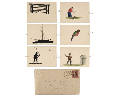 * Thaumatrope. A small collection of 6 handmade thaumatropes, circa 1875, six thaumatropes on thin cream card, three with wat
