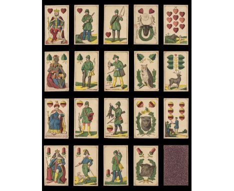 * German playing cards. Hunting pack, Stralsund: T. Wegener, circa 1870, the complete deck of 36 stencil coloured lithographe