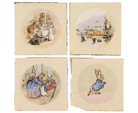 * After Beatrix Potter. A group of 4 earthenware tiles with images from Peter Rabbit and Benjamin Bunny, issued by Frederick 