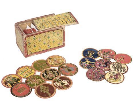 * Indian playing cards. Mogul Ganjifa, Rajasthan (type I), circa 1950?, 96 (complete) hand-painted lacquered circular playing