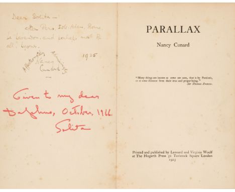 Cunard (Nancy). Parallax, 1st edition, London: The Hogarth Press, 1925, signed and inscribed by the author in brown ink to ve