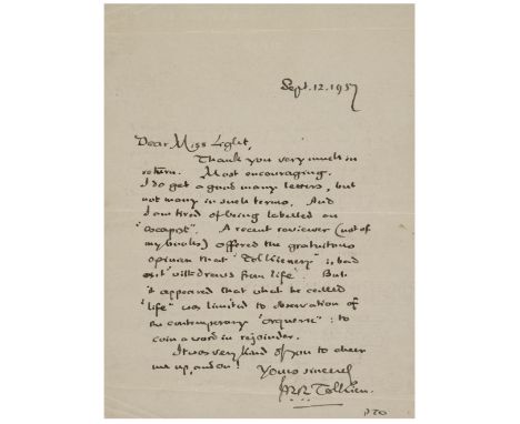 * Tolkien (John Ronald Reuel, 1893-1973). English Writer, Poet, Philologist, and Academic. Autograph Letter Signed twice, ‘J.