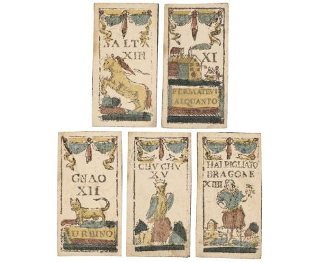 * Italian playing cards. Cuccu part-deck, Urbino: unknown maker, early 19th century, 9 (of 38) stencil coloured woodcut playi