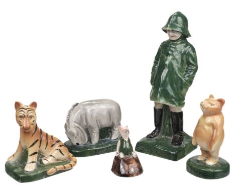* Fulham Pottery. Five Winnie the Pooh pottery figures from Fulham Pottery, designed by A.R. White, circa 1934, comprising: C