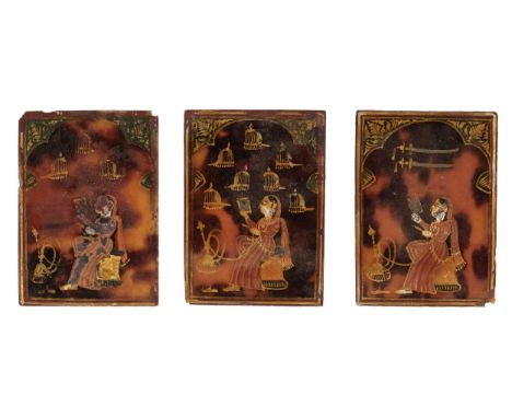 * Indian playing cards. Tortoiseshell Mogul Ganjifa, probably Hyderabad, India, 19th century, three rectangular playing cards