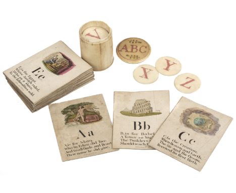 * Alphabet. Miniature double-sided bone alphabet letters, late 18th century, comprising 25 (of 26) letters in red on bone, do